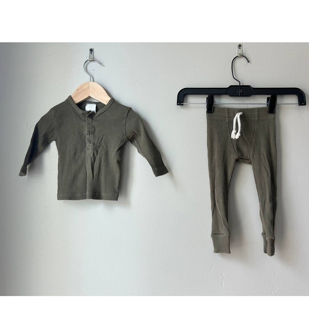 Mebie Baby Organic Cotton Ribbed Matching Set Olive Green 6-12M Scandi Neurral